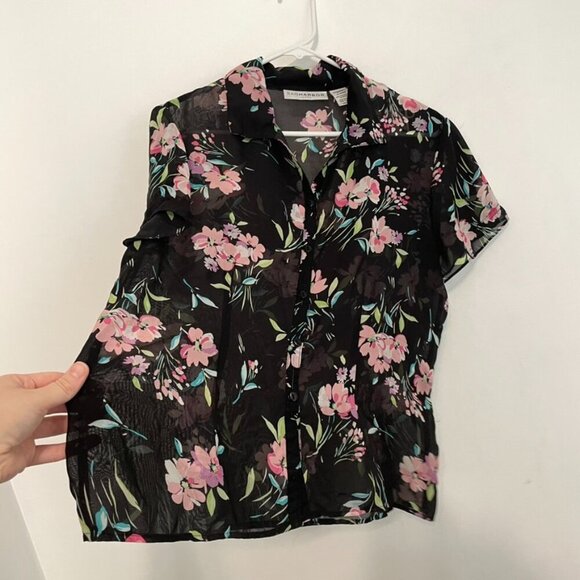 VINTAGE SAG HARBOR Black Pink Floral Short Sleeve Sheer Button Down PETITE Large - Picture 9 of 14